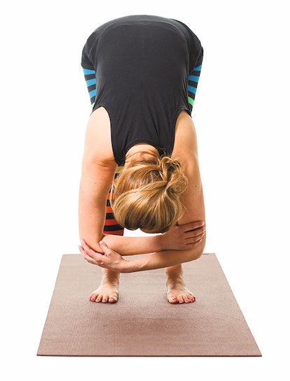 A yogi in ragdoll pose, which is a good yoga pose for kids to calm down.