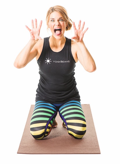 A yogi practicing Lion's breath, which can help kids reduce anxiety.
