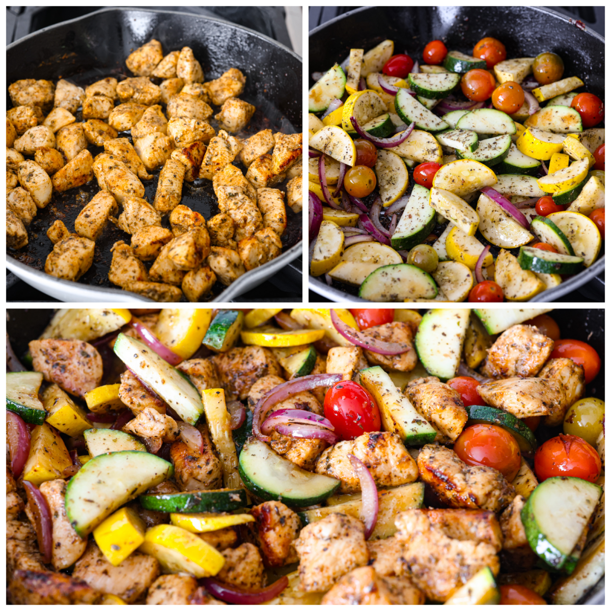Use up all those garden veggies in this delicious chicken and garden vegetable skillet. Your family will love this healthy 30-minute skillet dinner full of seasoned chicken, sauteed vegetables, and a cheesy breadcrumb topping. First photo of the chicken cooking in a skillet. Second photo of the vegetables cooking in a skillet. Third photo of cooked chicken and vegetables combined together in a skillet.