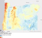 A preliminary map of which soils in Oregon can hold more carbon in the top 20 centimeters. Red indicates oversaturated soils where additional organic matter will quickly decompose and return to the atmosphere. Blue indicates undersaturated soils with potential to protect additional carbon for decades. Top soils in the Cascades and Coast Range are generally oversaturated while those in the Willamette Valley and nonmountainous regions of Eastern Oregon tend to be undersaturated.
