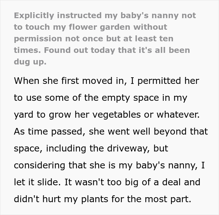 “Instructed My Baby's Nanny Not To Touch My Flower Garden, Found Out That It's All Been Dug Up”