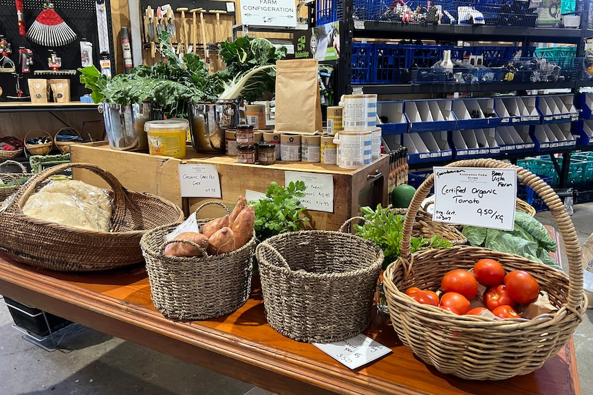 Baskets of produce in the farm store.