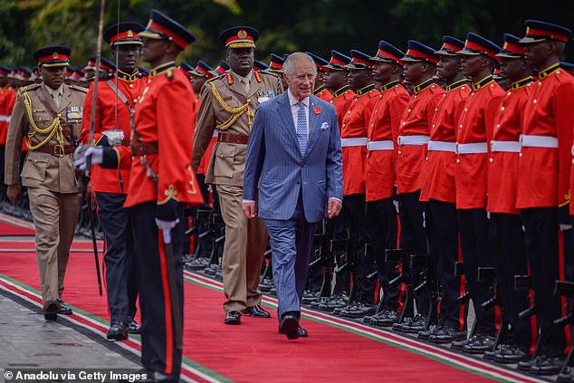 King Charles inspects ceremonial guards during the official welcoming ceremony upon his arrival to Nairobi today
