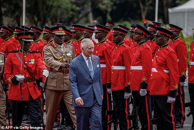 King Charles III inspects the Guard of Honour during the ceremonial welcome in Nairobi today