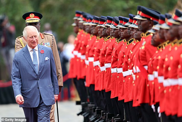 King Charles III walks past a Guard of Honour during the ceremonial welcome in Nairobi today