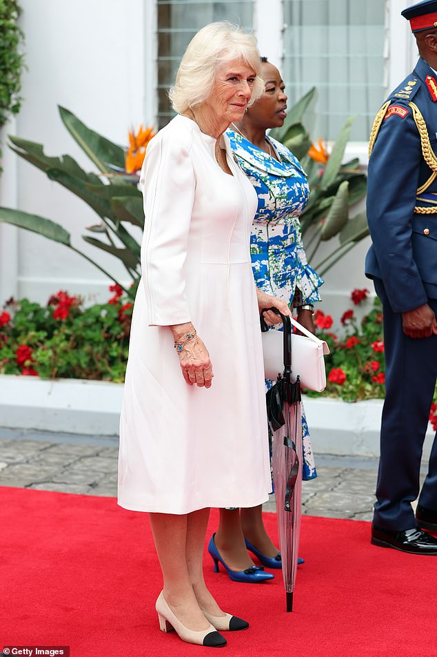 Queen Camilla arrives today for a ceremonial welcome at State House in Nairobi, Kenya