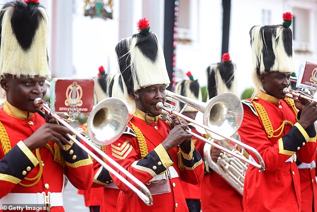 The Kenya Army band perform ahead of the arrival of Charles and Camilla in Nairobi today