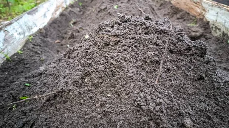 Rich, dark soil prepared in a wooden raised bed for vegetable gardening