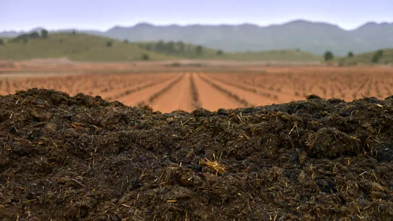 Close-up of rich, dark compost soil with a freshly plowed field and mountains in the background