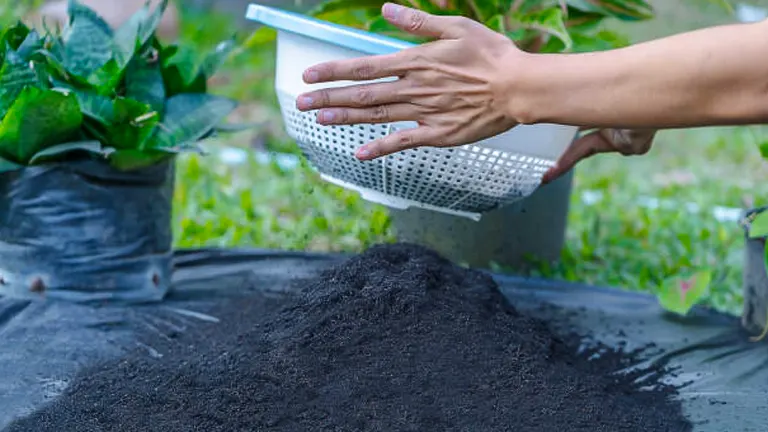 Person sifting soil next to a potted plant for a raised bed vegetable garden