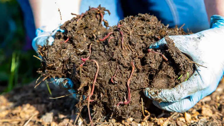Person in blue gloves holding rich, dark soil with red worms, ideal for a raised bed vegetable garden
