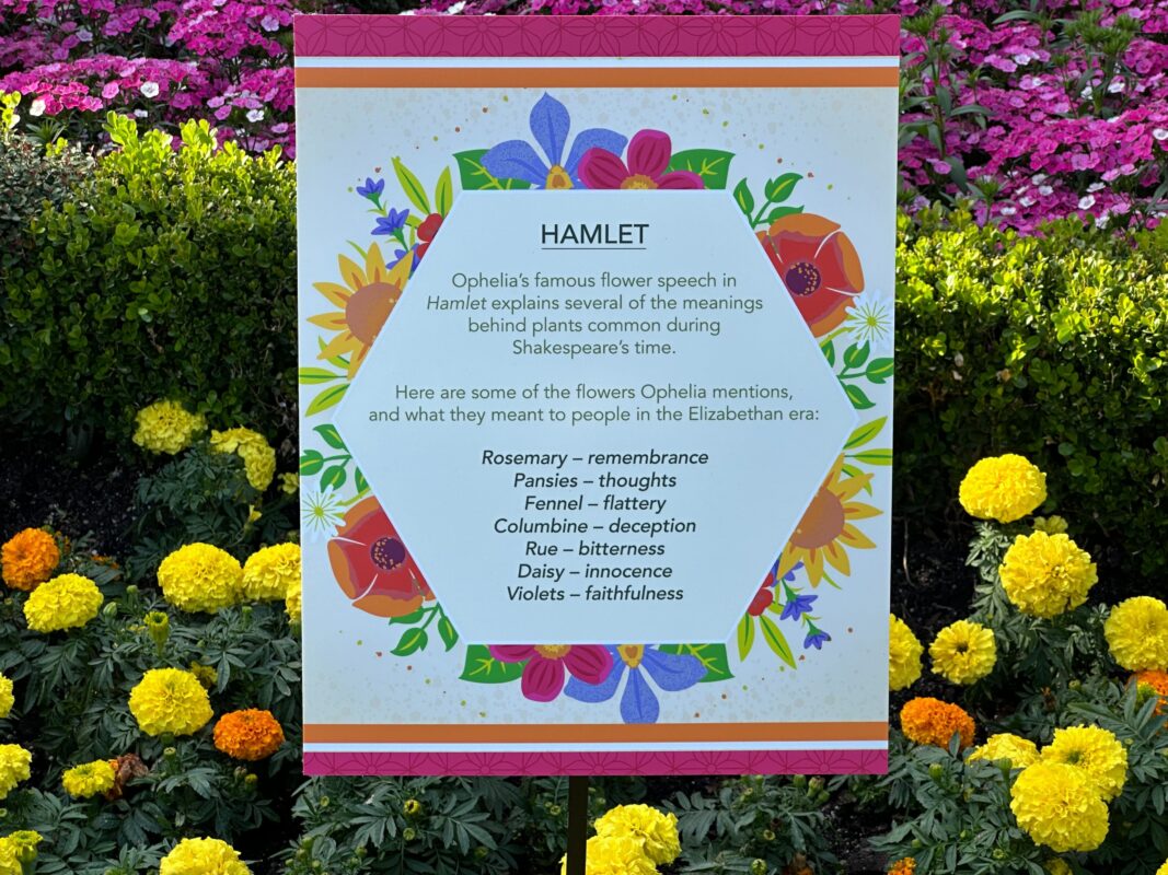 A sign for Hamlet with significant flower meanings.