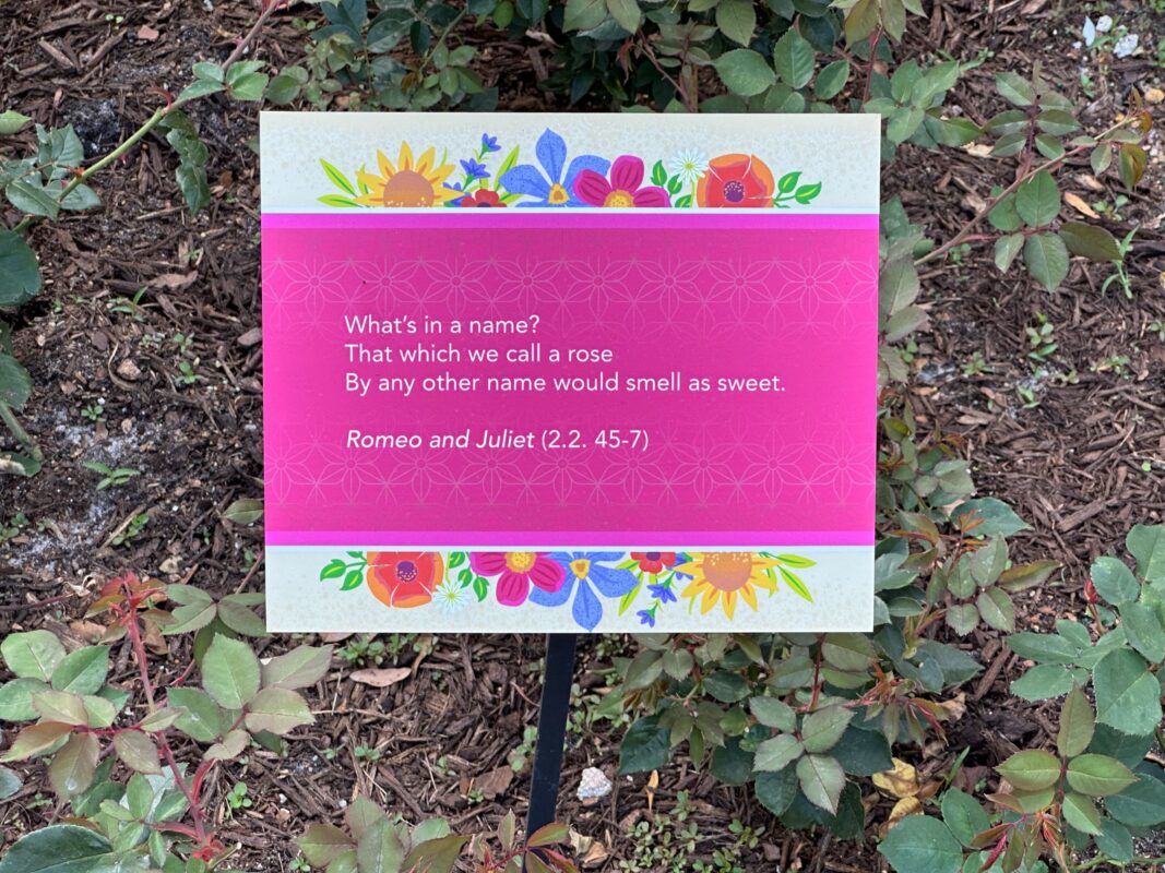 A sign with the famous rose quote from "Romeo and Juliet."