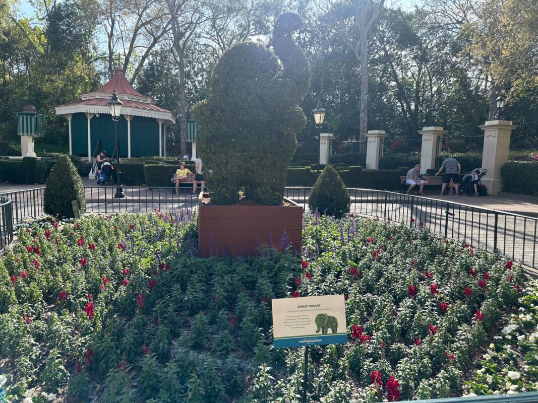 A wide shot of the Elephant topiary.