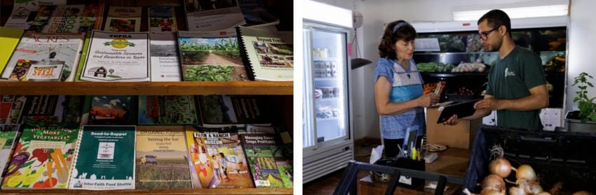 Left: Educational farming material at Yahweh’s All Natural Farm and Gardens. Right: Dairon De La Torre Gamboa assists a customer at the farm’s market. Dairon is originally from Cuba and helps out with different tasks on the farm such as harvesting produce and assisting customers in the market.