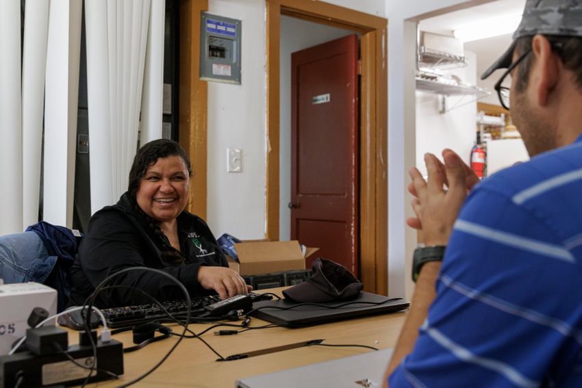 Diana Padilla talks to a community member interested in programs at Yahweh’s All Natural Farm and Gardens in Harlingen on June 15, 2024. Diana and her husband Saul Padilla own Yahweh’s and the non-profit HOPE (Holistic Organic Practical Education for small farm sustainability).